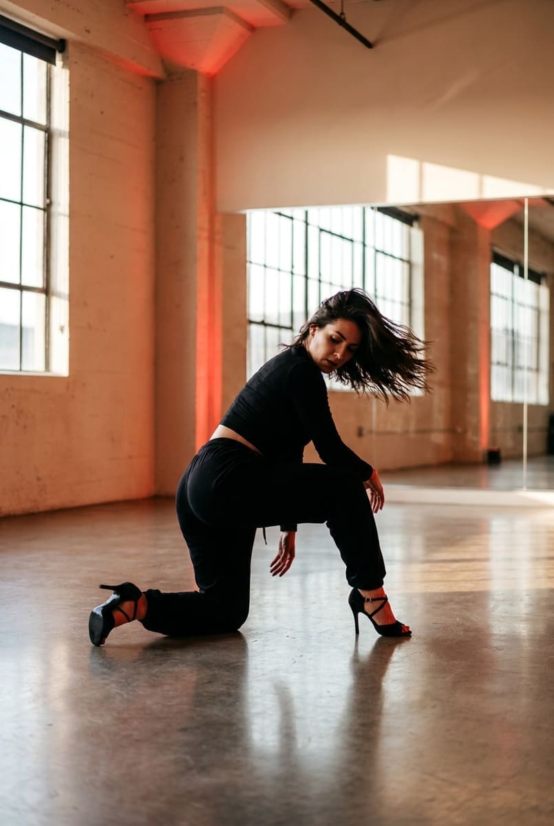 Танцовщица high heels в чёрном образе и туфлях на каблуке